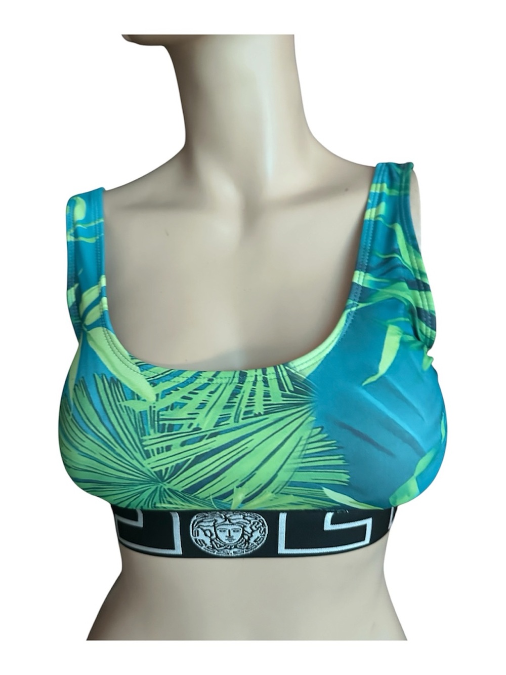 Versace Blue and Lime Green Tropical Print Sports Bra